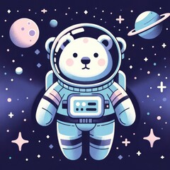 Cartoon Bear Astronaut in Outer Space Illustration