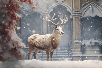 Christmas Rudolph reindeer in the snow, skin of Rudolph covered in a snow, beautiful and elegant background with two arc and a pillar on side of skin color