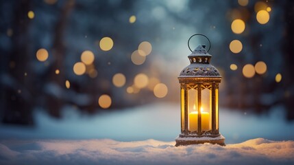 Cozy Christmas composition with a lantern on a snow with a place for a text and bokeh background. AI generative