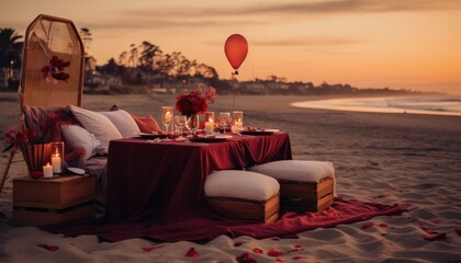 Photo of a Romantic Beach Dinner with Candles and Flowers