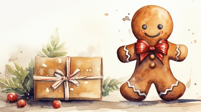 Cute gingerman cookie white background. Decorative watercolor illustration. Merry Christmas art card. New year holiday greeting postcard. Colorful fairy tale design. Hand drawing style. Xmas dessert.