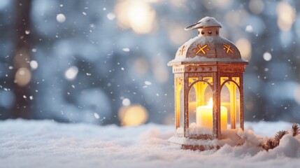Cozy Christmas composition with a lantern on a snow with a place for a text and bokeh background. AI generative