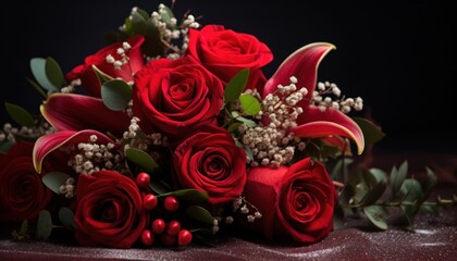 Photo of a Stunning Arrangement of Red Roses and Delicate Baby's Breath