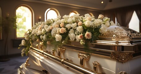 A Peaceful Departure - Closeup shot of a white casket in a hearse or chapel before funeral or burial at cemetery. Generative AI