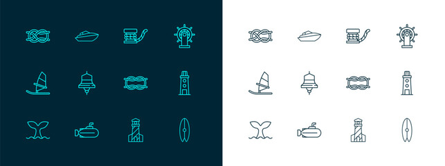 Set line Ship steering wheel, Submarine, Nautical rope knots, Lighthouse, bell, Marine bollard with, and Speedboat icon. Vector - obrazy, fototapety, plakaty