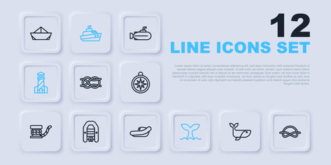 Set line Whale, Nautical rope knots, tail, Lighthouse, Inflatable boat with motor, Speedboat and icon. Vector