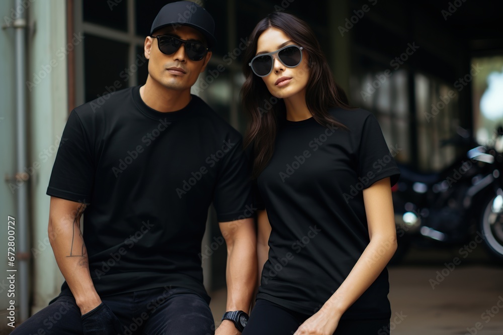 Wall mural mockup of a man and woman wearing solid black unisex heavy cotton tee, t-shirt mockup, generative ai