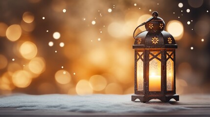 Cozy Christmas composition with a lantern on a snow with a place for a text and bokeh background. AI generative