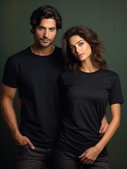 Fototapeta premium mockup of a man and woman wearing solid black Unisex Heavy Cotton Tee, t-shirt mockup, Generative Ai 