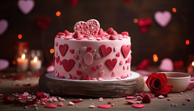 Photo of a Sweet Heart: A Delicious Heart-Shaped Cake with Pink Frosting and Beautiful Roses