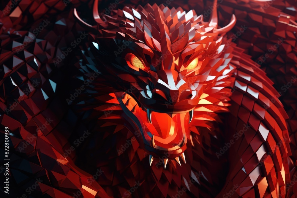 Aufkleber A close up view of a dragon made entirely out of red paper. This unique and intricate paper craft can be used for various creative projects and decorations.