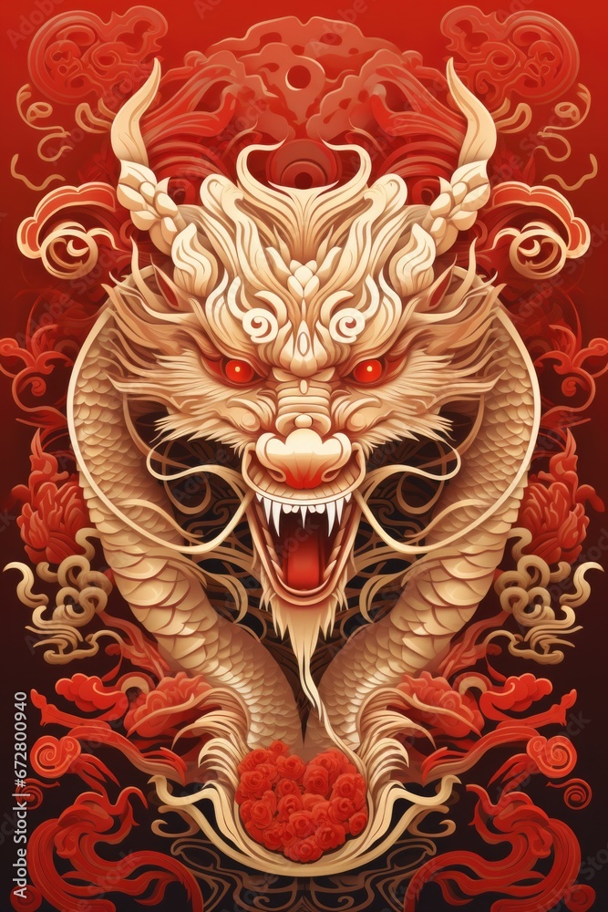 Aufkleber A close-up image of a dragon head against a vibrant red background. This picture can be used to add a touch of fantasy and mystique to various projects.