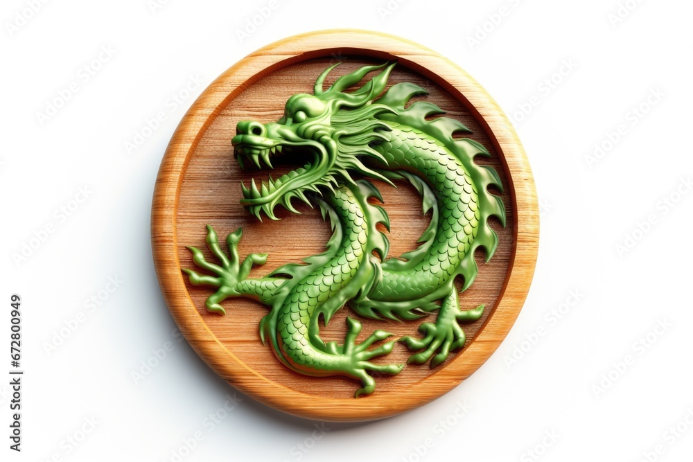 Aufkleber a wooden plaque featuring a meticulously carved green dragon. perfect for adding a touch of mythical