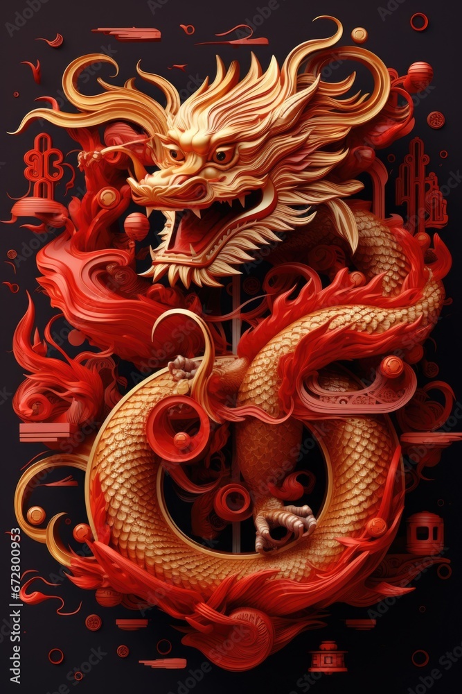 Poster A striking image featuring a red and gold dragon against a dramatic black background. Perfect for adding a touch of fantasy and power to any design project.