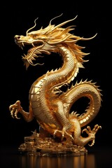 Fototapeta premium A stunning golden dragon statue resting on a pile of gleaming coins. Perfect for depicting wealth, power, and prosperity. Ideal for financial, business, or fantasy-themed projects.