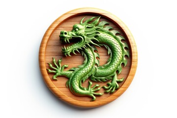 Fototapeta premium A wooden plaque featuring a meticulously carved green dragon. Perfect for adding a touch of mythical charm to any space.