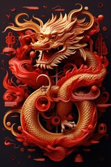 A striking image featuring a red and gold dragon against a dramatic black background. Perfect for adding a touch of fantasy and power to any design project.