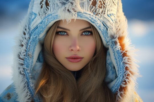A beautiful young woman wearing a winter hat. This image can be used to portray a fashionable winter look or to illustrate the concept of cold weather fashion.