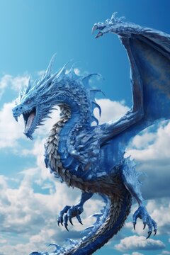 A majestic blue dragon soars through the cloudy sky, showcasing its power and grace. This image can be used to add a touch of fantasy and wonder to various projects.