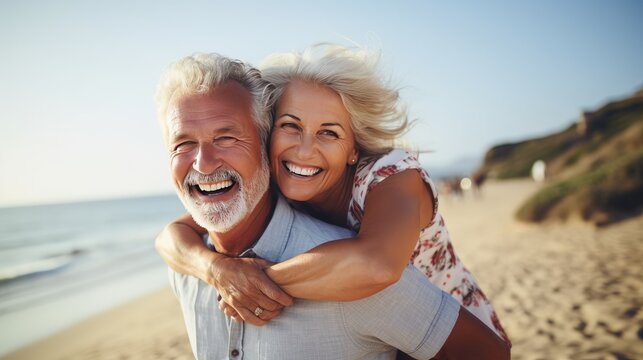 Un couple de personnes &acirc;g&eacute;es souriant, amoureux s'enla&ccedil;ant sur la plage sous un beau ciel bleu d'&eacute;t&eacute;.