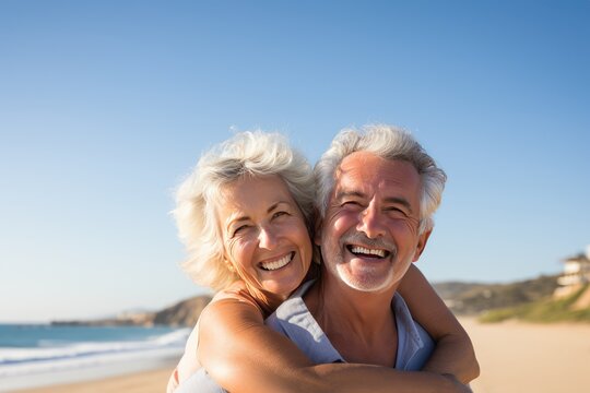 Un couple senior, amoureux s'enla&ccedil;ant sur la plage sous un beau ciel bleu d'&eacute;t&eacute;, image avec espace pour texte.