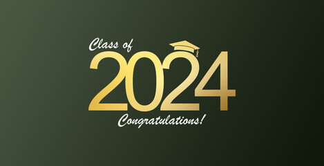 Futuristic graduation class of 2024 banner concept with glowing low polygonal golden graduation cap.