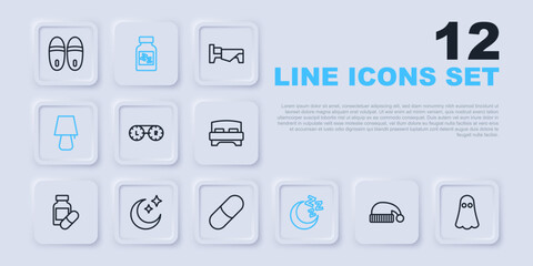 Set line Sleeping hat, Ghost, Contact lens container, Moon and stars, Table lamp, pill and icon. Vector