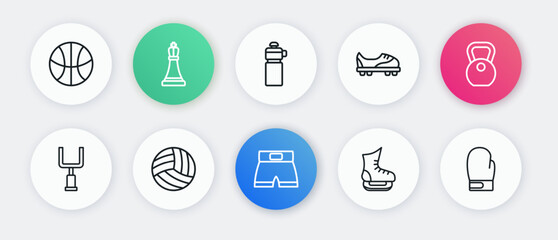 Set line Boxing short, Weight, American football goal post, Skates, Football shoes, Fitness shaker, glove and Volleyball icon. Vector