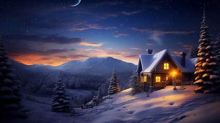 Chalet on the background of winter mountains