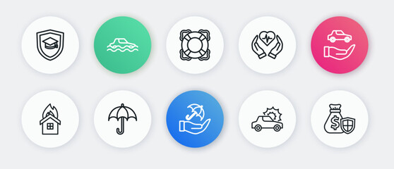 Set line Umbrella in hand, Car insurance, Fire burning house, Life, Lifebuoy, Money bag with shield and icon. Vector