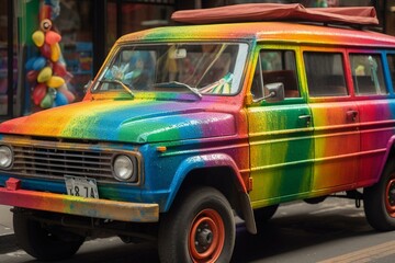 A vehicle adorned with a colorful rainbow. Generative AI
