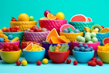 Colorful bowls with candies and fruits. Sweet treats displayed on a vibrant background. Generative AI