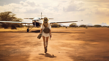 Young woman walking to small airplane waiting on African safari savanna near. View from behind....