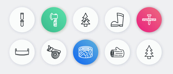 Set line Wooden logs, Metallic nail, Two-handed saw, Waterproof rubber boot, Tree, and Hand icon. Vector