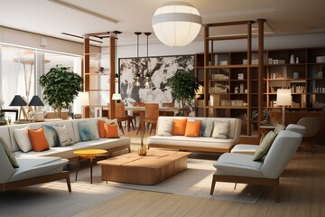 Contemporary lounge area with comfortable seating and trendy decor. Generative AI