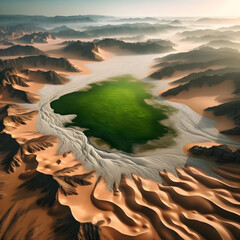 Oasis in the desert with lush greenery surrounded by dunes.