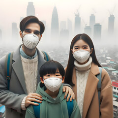 Family wearing masks against a backdrop of a smog-covered city.