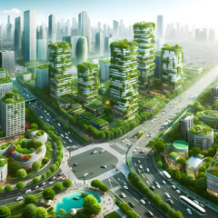 Verdant vertical gardens on urban buildings with busy streets below