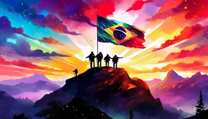 Fotobehang Silhouettes of soldiers placing Brasil national flag on the peak of a mountain © CreativeStock