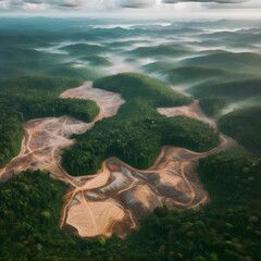 Deforestation in a misty mountainous landscape.