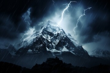 Captivating spectacle of lightning bolt illuminating majestic mountains in the dark sky