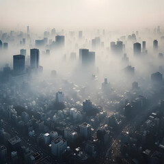 City engulfed in fog with silhouettes of buildings visible.