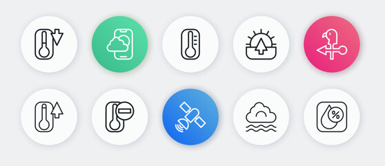 Set line Satellite, Rooster weather vane, Thermometer, Fog and cloud, Sunrise, Water drop percentage and icon. Vector
