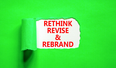 Rethink revise rebrand symbol. Concept word Rethink Revise and Rebrand on beautiful paper. Beautiful green paper background. Business brand motivational rethink revise rebrand concept. Copy space