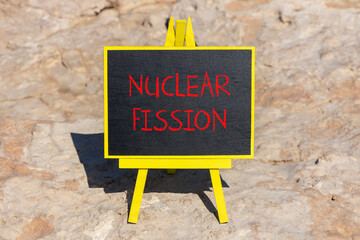 Nuclear fission symbol. Concept words Nuclear fission on beautiful black chalk blackboard....
