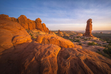hiking in the garden of eden in arches national park, utah, usa