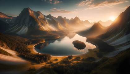 Tranquil lake nestled among sunlit mountains during sunset