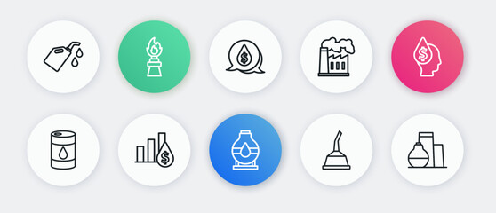 Set line Oil tank storage, drop with dollar symbol, Barrel oil, Canister for motor machine, and gas industrial factory, and Pie chart icon. Vector