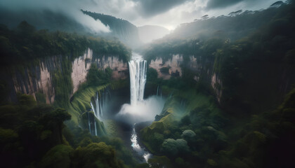 Majestic waterfall in a lush, misty forest canyon at dawn