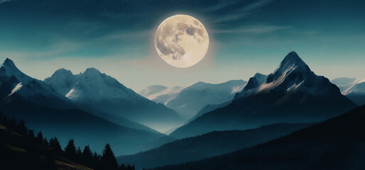 illustrazione di paesaggio notturno con monti innevati illuminati dal chiarore di una grande luna piena - obrazy, fototapety, plakaty